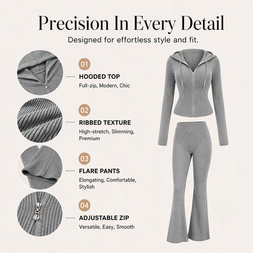 Women's Ribbed Hooded Zip-Up Jacket & Flare Pants Set
